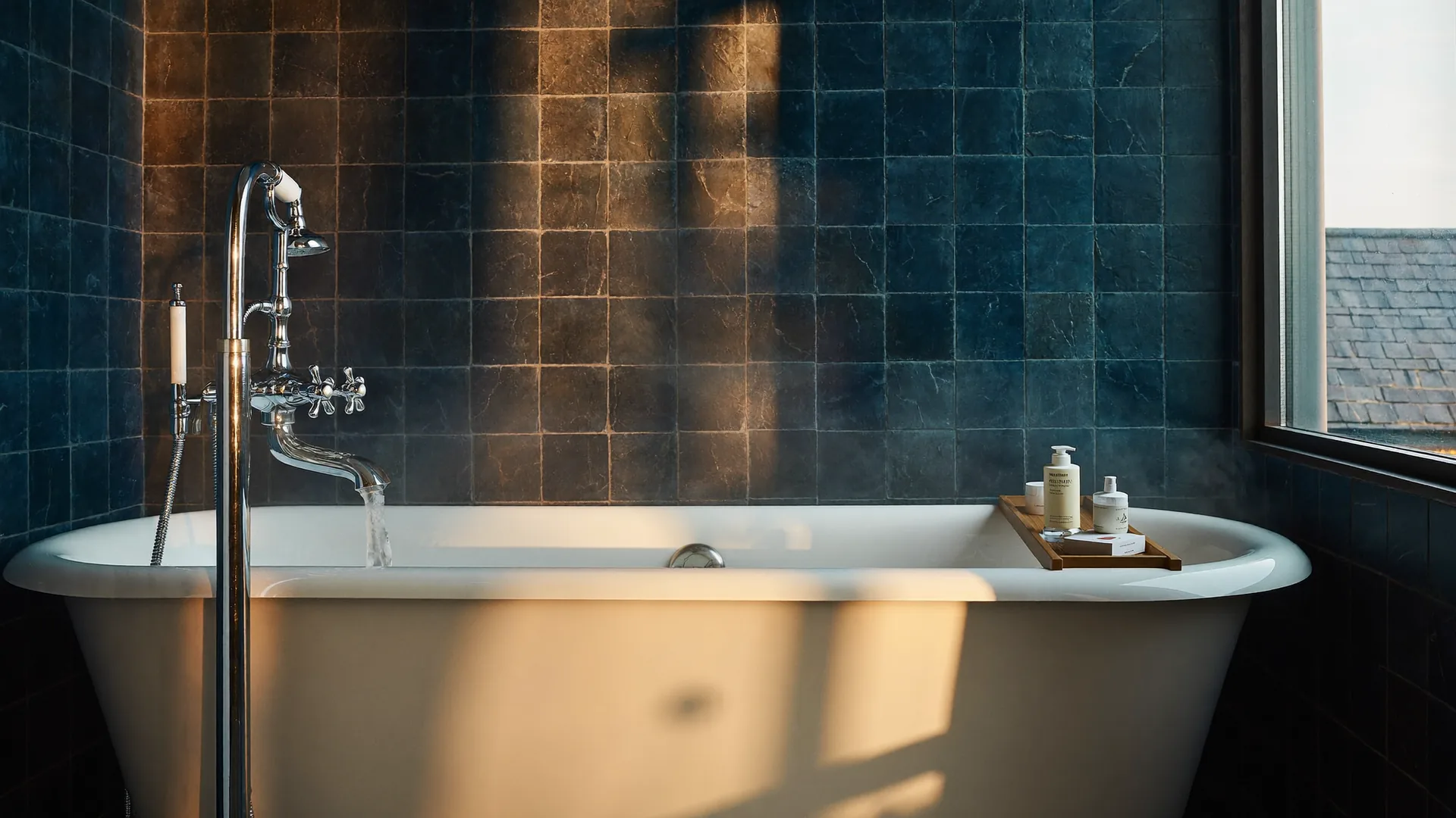 Freistehende Badewanne im warmen Morgenlicht vor navyblauen Fliesen